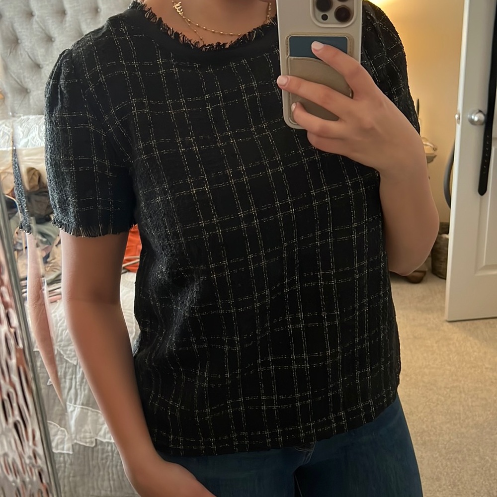 ANN TAYLOR Black Plaid Fringe Sleeve Blouse with Back-Tie - Size M